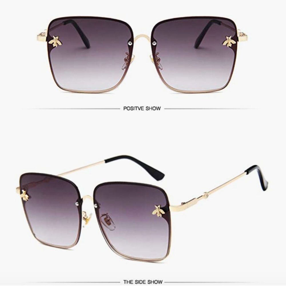 Retro Dark Grey Gold Ombre Oversized Square Rectangle Rimless Sunglasses - Picture 6 of 8
